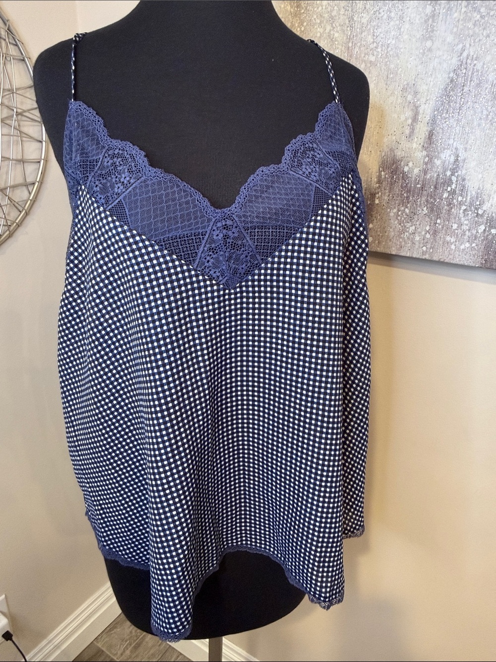 Navy Blue Gingham Lace Trim Cami Top